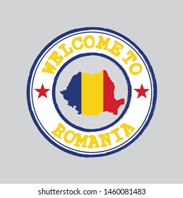 Vector stamp of welcome to Romania with map outline of the nation in center. Grunge Rubber Texture Stamp of welcome to Romania.