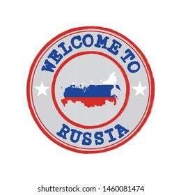 Vector stamp of welcome to Russia with map outline of the nation in center. Grunge Rubber Texture Stamp of welcome to Russia.