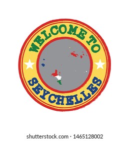 Vector stamp of welcome to Seychelles with map outline of the nation in center. Grunge Rubber Texture Stamp of welcome to Seychelles.