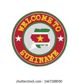 Vector stamp of welcome to Suriname with map outline of the nation in center. Grunge Rubber Texture Stamp of welcome to Suriname.