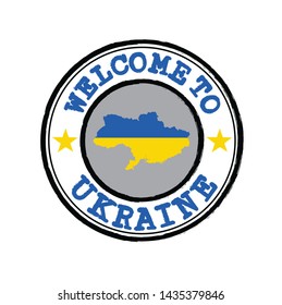 Vector Stamp of welcome to Ukraine with nation flag on map outline in the center. Grunge Rubber Texture Stamp of welcome to Ukraine.