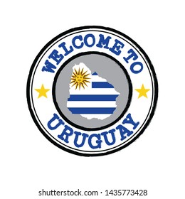 Vector Stamp of welcome to Uruguay with nation flag on map outline in the center. Grunge Rubber Texture Stamp of welcome to Uruguay.