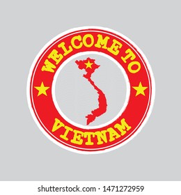 Vector stamp of welcome to Vietnam with map outline of the nation in center. Grunge Rubber Texture Stamp of welcome to Vietnam.