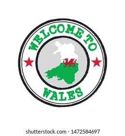 Vector stamp of welcome to Wales  with map outline of the nation in center. Grunge Rubber Texture Stamp of welcome to Wales.