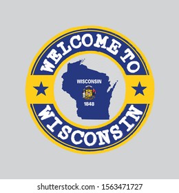 Vector stamp of welcome to Wisconsin with map outline of the nation in center. the states of America. Grunge Rubber Texture Stamp of welcome to Wisconsin.