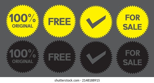 vector stamp, yellow color and silhouette that says 100% original, free, check mark or tick, for sale, discount, suitable for billboard or web banner design or packaging and tickets

