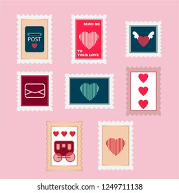 Vector stamps hearts and envelops pink and blue for Valentine day