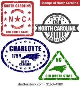 Vector stamps of North Carolina state in United States with map and nickname - Old North State