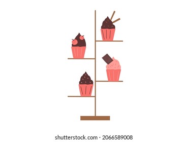 
Vector stand with chocolate, cherry muffins and strawberry muffins in pink packaging, illustration for coffee shop menu with desserts, sweets