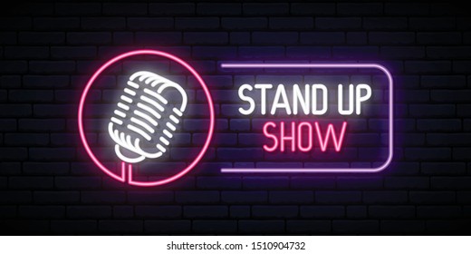 Vector Stand Up Show emblem in neon style. Bright neon design banner.