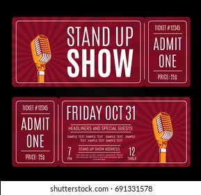 Vector Stand Up Show Tickets With Retro Microphone On Sunburst Background