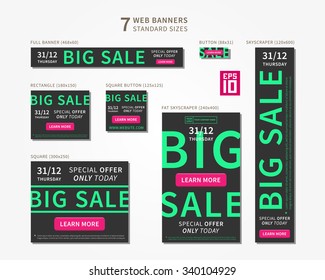 Vector standard size web banner Big Sale collection. Colorful business web banners set: horizontal leaderboards, vertical skyscrapers, squares, buttons, etc.
