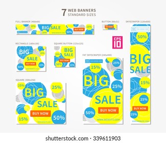 Vector standard size Web Banners collection. Colorful business web banners set: horizontal leaderboards, vertical skyscrapers, squares, buttons, etc.
