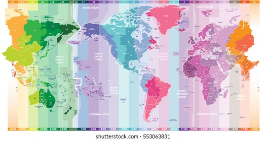 vector standard time zones of the world political map centered by America