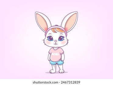 Vector standing cute beautiful young tender eared cartoon bunny blonde girl with blue eyes, in a pink T-shirt and blue little shorts. Friendly pet.