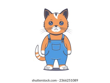 Vector standing cute cartoon ginger cat in denim overalls. White background.