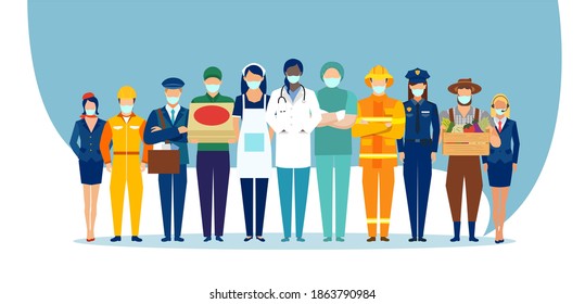 Vector of a standing group of essential workers wearing face masks