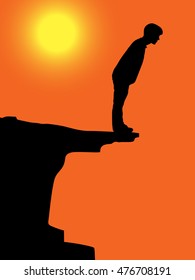 Vector of standing young man on cliff, Man silhouetted by the sunset standing against the fiery orange orb of the sun in a twilight sky