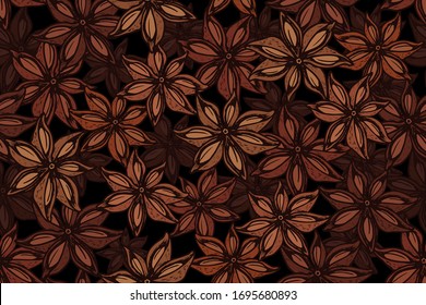 Vektorillustration Sternanis Gravur nahtlose Muster auf schwarzem Hintergrund. Vintage handgezeichnete Illustration für Menü, Werbung. Exotische Gewürze.