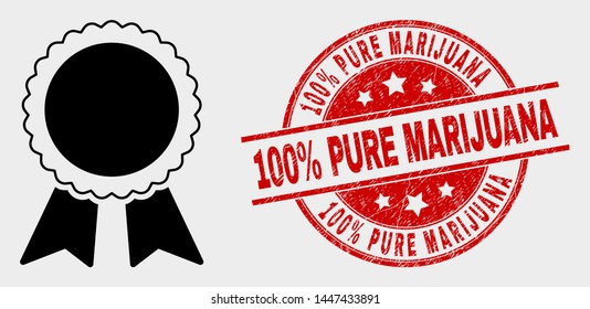 Vector star award pictogram and 100% Pure Marijuana seal. Red rounded grunge seal stamp with 100% Pure Marijuana text. Vector composition for star award in flat style.