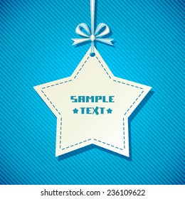 Vector star banner tag. Blue background with ribbon and bow. Decorative illustration for print, web