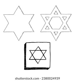 Vector star of David black and white graphic illustration set for Jewish designs with magen David. Six pointed hexagram geometric figure
