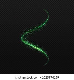 Vector Star Dust Spiral Glittering Confetti Spiral On Black Background. Green Magic Sparkles And Stars