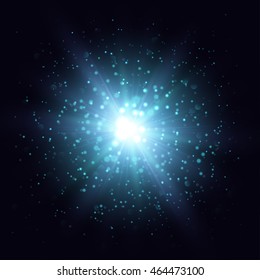 Vector star explosion illustration. Blue flash and sparks on dark background.Abstract magic object.