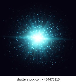 Vector Star Flash Illustration. Blue Beams And Sparks On Dark Background. Spotlight In The Depths Of Ocean.