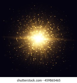 Vector star flash illustration. Golden beams and sparks on dark background.