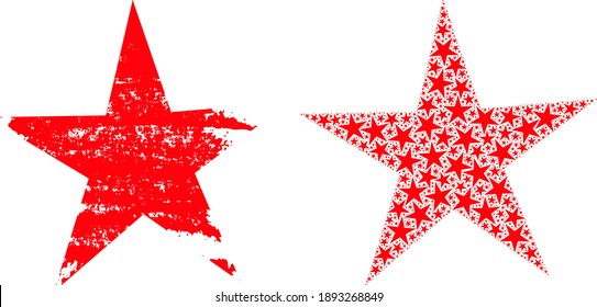 Vector star fractal is made from repeating fractal star elements. Distress star icon. Recursive collage from star.