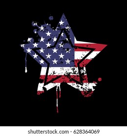 Vector star in grunge style with splashes of colors of the flag of the United States of America