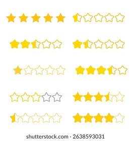 Vector star icon set with golden and line-style designs, isolated on transparent background.