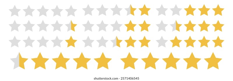 Vector star icon set with rating bar for review and evaluation. Flat yellow symbols for rank, vote, and feedback. Isolated design template for app interface, premium quality.