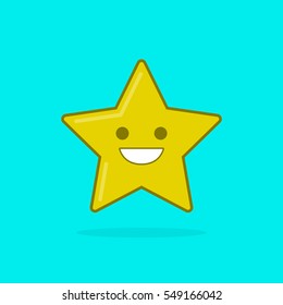 Vector star icon with smile on cyan background. Modern flat illustration.