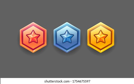 Vector star icons set. Collection medal design for game, ui, banner, design for app, interface, game development. Level up Award winner cartoon isolated vector star