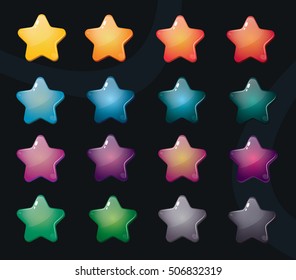Vector star icons set. Colorful stars on dark background. Collection icon design for game, design for app, interface, game development.