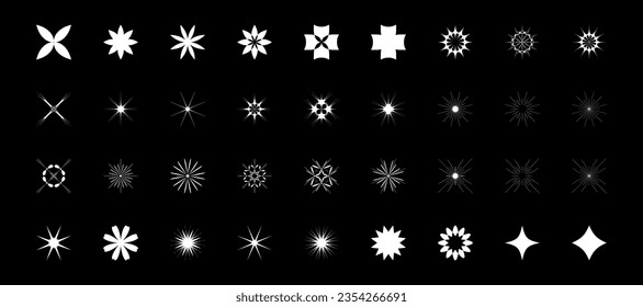 Vector star icons set. Modern abstract graphic shapes. Y2k geometric figures, symbols. Retro futuristic minimal flat flowers, stars. Bold design elements. Brutalist sparkle ray overlay collection