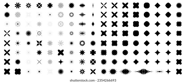 Vector star icons set. Modern abstract graphic shapes. Y2k geometric figures, symbols. Retro futuristic minimal flat flowers, stars. Bold design elements. Brutalist sparkle ray silhouette collection