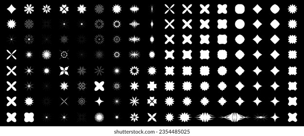 Vector star icons set. Modern abstract graphic shapes. Y2k geometric figures, symbols. Retro futuristic minimal flat flowers, stars. Bold design elements. Brutalist sparkle ray overlay collection