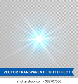 Vector star light radiance. Sparkling particle with glaring lens flare beams. Bright light flash isolated on transparent background