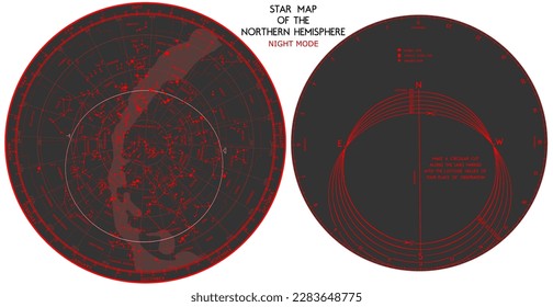 Vector Star map of the Northern hemisphere Night mode red vision For mobile applications and computer software