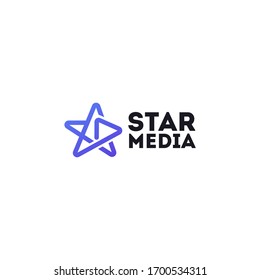 Vector Star media company line logo template.  Abstract, modern, minimal logo for media app with star and play, power button isolated on white background