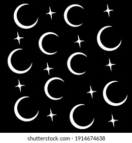 Vector star and moon background texture illustration. Object colored in white at black background. Good for banner, template, decoration, ornament, etc.