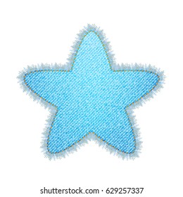 Vector star object with place for text, perfect for label and tag. Denim material, jeans texture with stitches and fringe for design