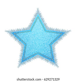 Vector star object with place for text, perfect for label and tag. Denim material, jeans texture with stitches and fringe for design