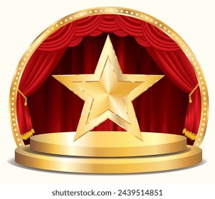 vector star on circle stage with red curtain