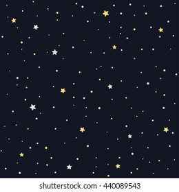  Vector star pattern. Silver and golden stars on black background.