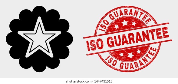 Vector star rosette icon and ISO Guarantee seal stamp. Red rounded grunge seal stamp with ISO Guarantee text. Vector combination for star rosette in flat style. Black isolated star rosette symbol.