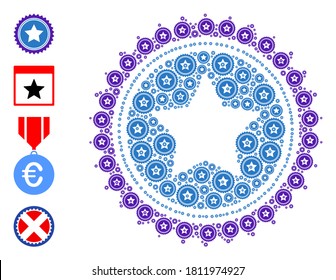 Vector star seal stamp collage is organized from scattered recursive star seal stamp parts. Recursive collage from star seal stamp. Some other icons are present in this vector.